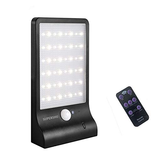 Solar Lights Outdoor Supershu 48 LED Outdoor Wall Solar Motion Sensor Lights with Remote Controller Wireless Waterproof Security Lights for Wall Deck Fence Driveway Yard Garage