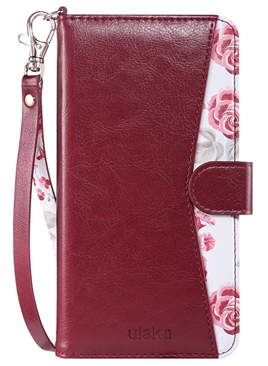 iPhone 6 Plus Wallet Case, iPhone 6S Plus Case, ULAK Floral PU Leather Wallet Case w/Kickstand Card Holder Hand Strap Full Protective Cover for iPhone 6/6s Plus [5.5 inch Larger Screen] Burgundy Red