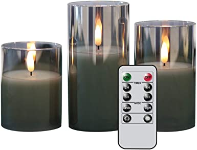 Eldnacele Glass Candles Flameless Flickering Candles with Remote Control & Timer, 3D Wick LED Battery Operated Pillar Candles Set of 3 Black Glass Candles Warm Light (D3” x H4” 5” 6”)