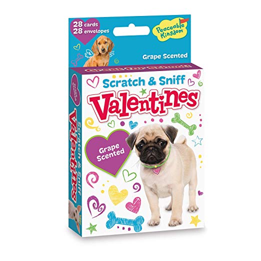 Peaceable Kingdom Scratch and Sniff Dog Valentines - 28 Grape Scented Card Pack