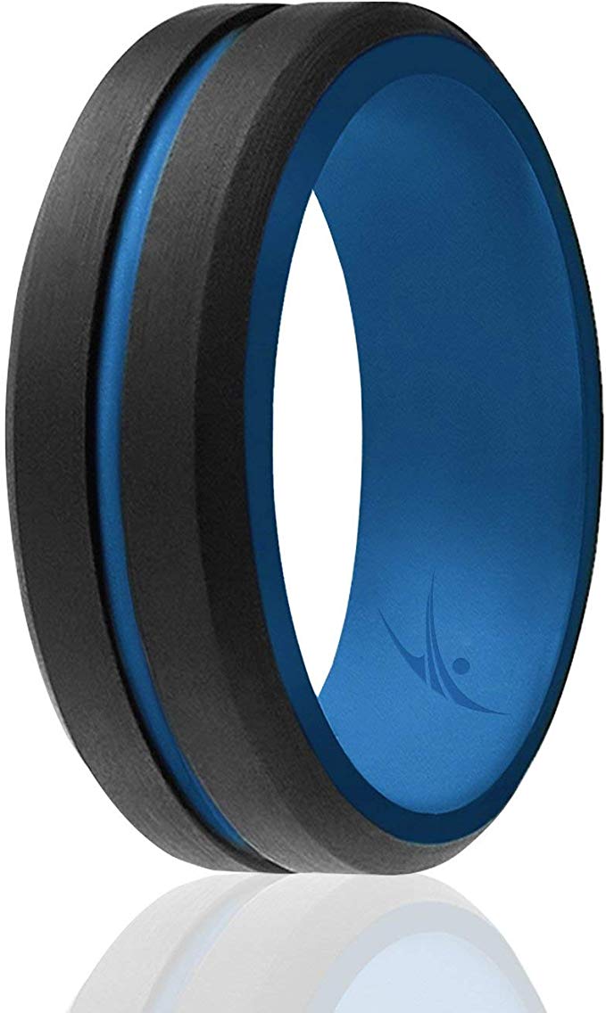 ROQ Silicone Wedding Ring for Men - 4 Packs or 1 Single Ring Men's Silicone Rubber Wedding Bands, Engraved Middle Line Beveled Edge Style, Metal & Vivid Matte Colours