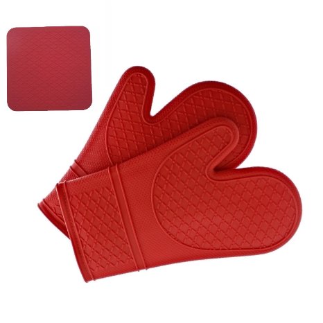 Elbee 641 Silicone Oven Mitts With Trivet; Quilted Cotton Lined Silicone Kitchen Gloves; Heat Resistant-Red- Set of 2