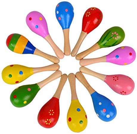 Baitaihem 12 Pack Mini Wooden Fiesta Maracas Colorful Noisemaker Musical Instrument, 4.3inch for kids, Assorted Colors