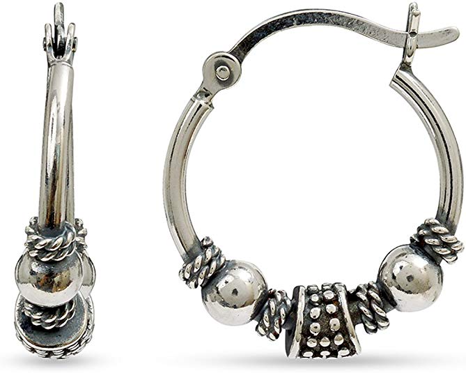 LeCalla Sterling Silver Jewelry Antique Balinese Beaded Hoop Earring for Teen Girl Women