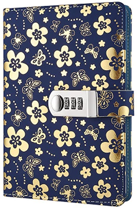 koboome PU Leather Diary with Lock, A5 Size Diary with Combination Lock Password Journal Student Diary Book (Golden)