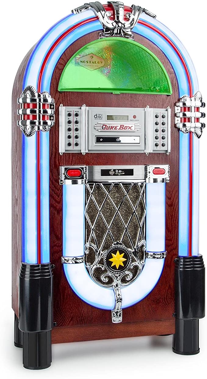 Auna Graceland Jukebox • USB • SD • AUX • AM/FM Radio • MP3 • CD-Player • LED • 50s Classic Style • 2-Band Equaliser • Programmable Playback • Brown Wooden