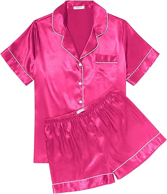 Ekouaer Womens Silk Satin Pajama Sets Soft Short Sleeve Button Down Sleepwear Top and Shorts 2 Piece Pjs Lounge Set S-XXL