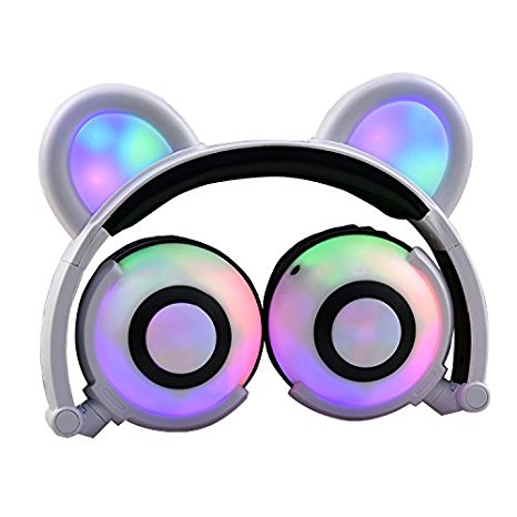 Bear Ear Headphones,SNOW WI Flashing Glowing Cosplay Fancy Cat Headphones Foldable Over-Ear Gaming Headsets Earphone with LED Flash light for iPhone 7/6S/iPad,Android Mobile Phone,Macbook (00White)