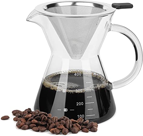 ComSaf Pour Over Coffee Maker with Stainless Steel Filter, Borosilicate Glass Carafe Manual Coffee Dripper Brewer with Handle, No Paper Filters Needed Hand Drip Coffee Maker (400ml)