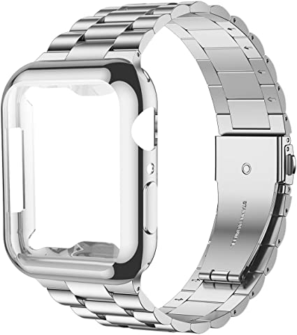 iiteeology Compatible with Apple Watch Band 44mm SE/Series 6 5 4, Upgraded Stainless Steel Link Replacement Band with iWatch Screen Protector Case Silver/Silver