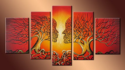 Ode-Rin Hand Painted Oil Paintings For Living Room Canvas Gift Lovers Kiss Tree Red Wood Inside Framed For Wall Decoration