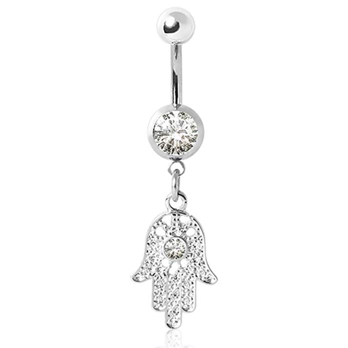 Hamsa Amulet Clear CZ Dangle 316L Surgical Steel Navel Ring 14g
