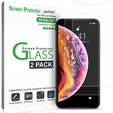 iPhone XS Max Screen Protector Glass (2-Pack), amFilm iPhone XS Max 6.5 Tempered Glass Screen Protector with Easy Installation Tray for Apple iPhone XS Max (2018)