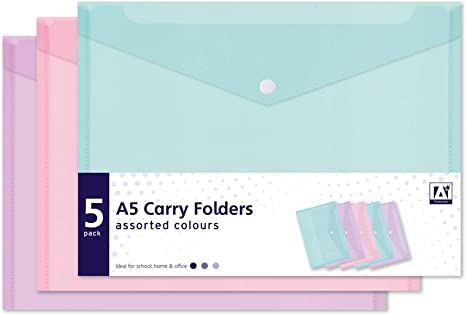 5 Assorted Pastel Colour A5 Document Stud Wallets Plastic Carry Popper Folder Pink Aqua