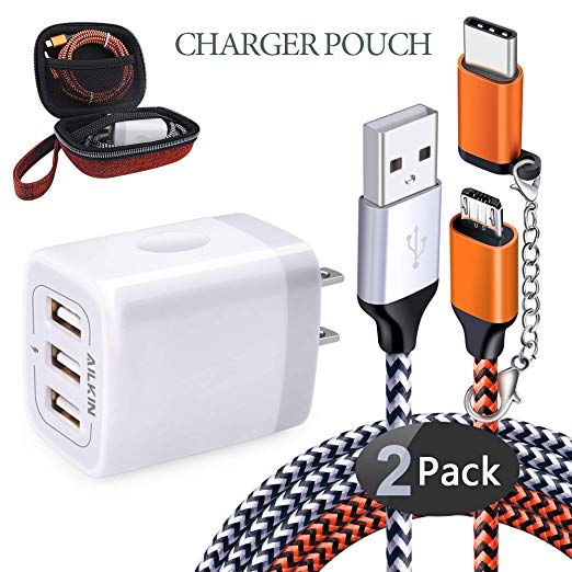 AILKIN 6 in 1 Travel Micro Cables & Wall Charger Adapter Organizer Carrying Bag, USB Block Box   2Pcs Android Cords   2Pcs Type C Adapters for Samsung, LG, Moto, Sony, Pixel, Best Charger Pouch Gift