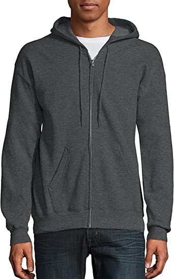 Hanes Men's Hoodie, EcoSmart Fleece Zip-Front Hooded Sweatshirt, Cotton-Blend Fleece Hooded Sweatshirt, Mid-Weight Zip-Up, Charcoal Heather, Large