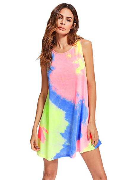 Romwe Women's Tie Dye Sleeveless Casual Loose T-Shirt Dress Swing Tunic Top