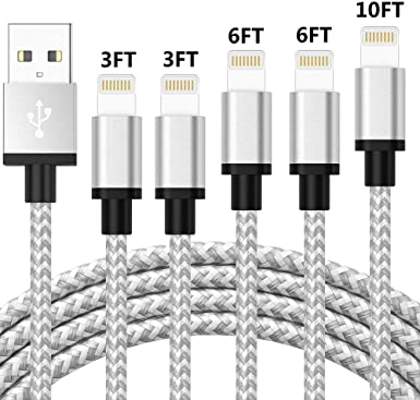 CredDeal Phone Charger, MFi Certified Lighting Cable 5 Pack [3/3/6/6/10FT] Fast Charging Data Sync Nylon Braided USB Cord Compatible iPhone 11/Pro/Xs Max/X/8/7/Plus/6S/6/SE/5S