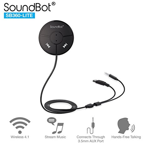 SoundBot SB360 LITE Bluetooth Wireless 4.0 Car Kit Hands-Free Wireless Talking & Music Streaming Dongle w/ Magnetic Mounts   Built-in 3.5mm Aux Cable