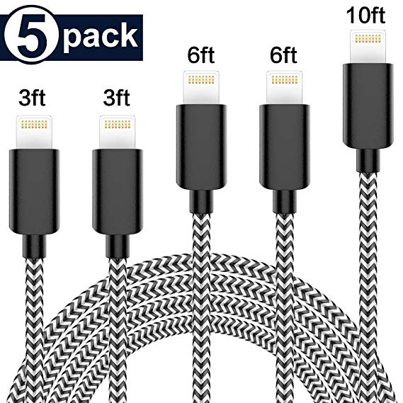 MFi Certified iPhone Charger Lightning Cable, TNSO 5Pack(3/3/6/6/10ft) Extra Long Nylon Braided USB Fast Charging&Syncing Cable Compatible iPhone Xs MAX XR 8 8 Plus 7 7 Plus 6s 6s Plus SE More Black