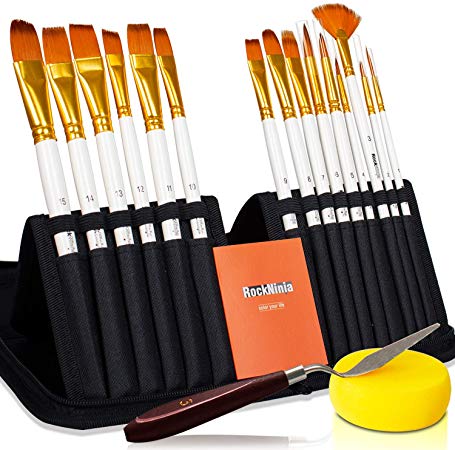 Rock Ninja 15Pcs Artist Paint Brushes Set Includes Pop-up Carrying Case,for Acrylic, Oil, Watercolor, Creative Body Paint and Gouache Painting