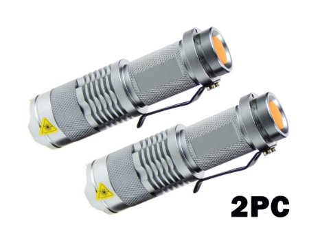 2PCS WAYLLSHINE(TM) SILVER 7W 300LM Mini CREE X-PE LED Flashlight Torch Adjustable Focus Zoom Light Lamp for Riding, Camping, Hiking, Hunting & Indoor Activities