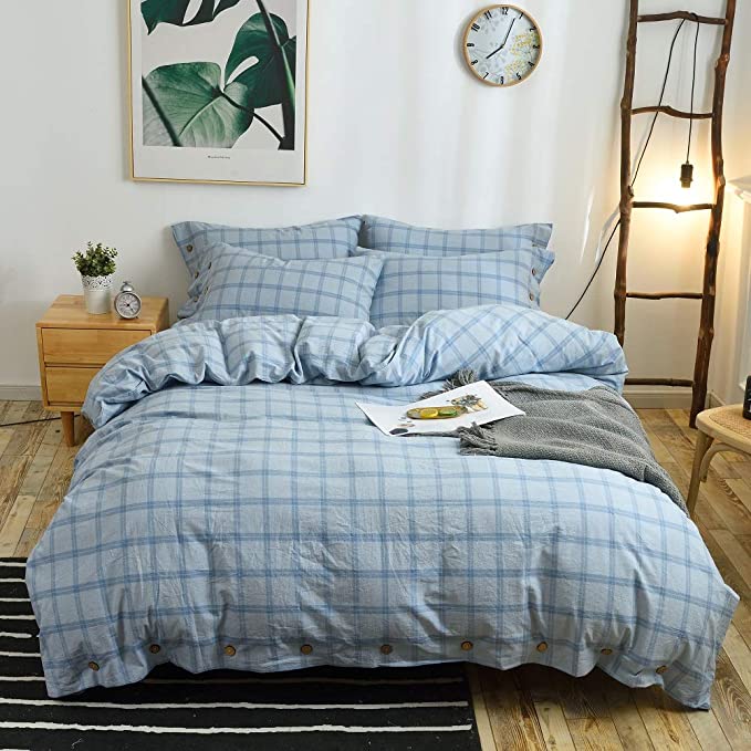 M&Meagle 3 Pieces Blue Grid Duvet Cover Queen,100% Washed Cotton Yarn Dyed Duvet Cover with Button Closure,Ultra Soft Natural Cotton Bedding Set-Queen Size(1 Duvet Cover 2 Pillowcases)