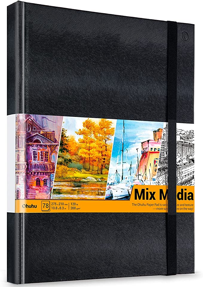 Mix Media Pad, Ohuhu 10.8"x8.3" Mixed Media Art Sketchbook, 120 LB/200 GSM Heavyweight Papers, 78 Sheets/156 Pages, PU Hardcover Mixed Media Paper Pad for Acrylic, Painting Gift