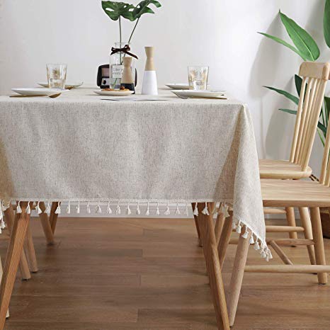 ColorBird Solid Color Tassel Tablecloth Cotton Linen Dust-Proof Shrink-Proof Table Cover for Kitchen Dining Farmhouse Tabletop Decoration (Rectangle/Oblong, 55 x 86 Inch, Linen)