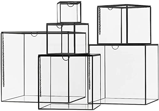 Koyal Wholesale Glass Museum Display Cases, Black Cube Boxes, Set of 6 Mirrored Showcase Display Containers with Mirror Bottom, Gallery Modern Home Décor Furniture, Modern Wedding Aisle Pedestal Decor