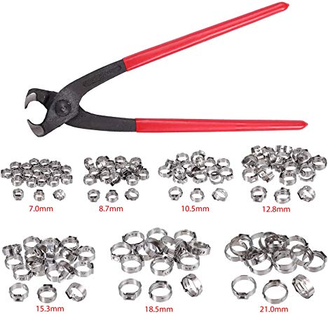Proster Single Ear Stepless Hose Clamps 130PCS 6-21mm 304 Stainless Steel Cinch Clamp Rings Single Ear Hose Clamp Crimper Tool Kit