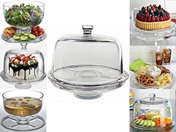 Denny International® 6 IN 1 CAKE STAND CLEAR ACRYLIC DOME LID SALAD PLATE PUNCH BOWL CHIP DIP SERVER
