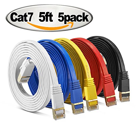 Cat 7 Shielded Ethernet Cable 5 ft 5 Pack ( 10GB ) - Jadaol Fastest Cat7 Flat Ethernet Patch Cables - Internet Cable for Modem, Router, LAN, Computer,switch - Compatible with Cat 5e, Cat 6 Network
