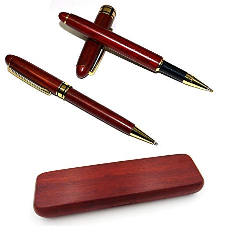 Rosewood Pen Set (PA3001) - 2 Handcrafted Wooden Ballpoint & Gel Gift Pen Set with Matching Wooden Box by BG247