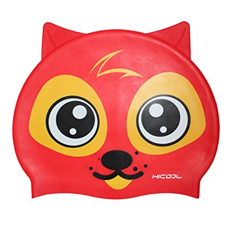 Swim Cap, Hicool High-Quality Fisher Series Waterproof Earmuffs Silicone Swim Cap For Kids