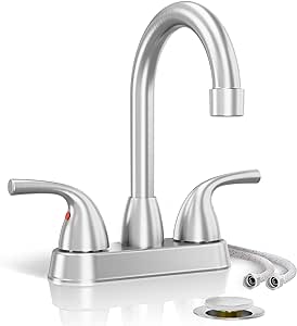 Phiestina Brushed Nickel Bathroom Faucet 4 Inch Centerset, 2 or 3 Hole Deck Plate Bathroom Sink Faucet, with Metal Pop-up Drain with Overflow and Water Supply Line, BF02011-B11-GBN