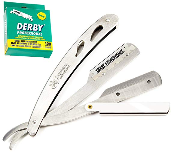 Equinox Professional Barber Straight Edge Razor Safety with 100 Derby Blades - Close Shaving Men's Manual Shaver - Barber's Favorite