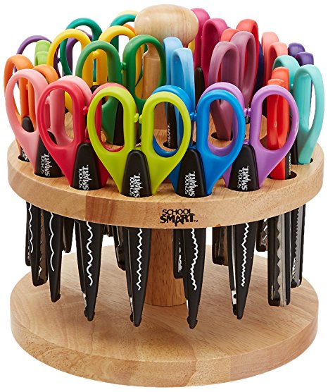 School Smart Paper Edger Scissors with Oak Stand - Set of 24 - Assorted Colors