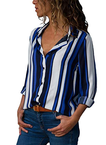 HUUSA Womens Button up Blouses V Neck Color Block Stripes Long Sleeve Casual Work Shirt Tops