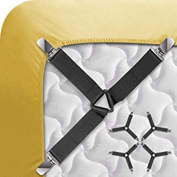 Almost Done Bed Sheet Straps Fasteners, 4 PCS Adjustable Bed Sheet Holder Straps Triangle Elastic Suspenders Gripper Holder Straps Clip for Bed Sheets, Mattress Covers, Sofa Cushion (Black)