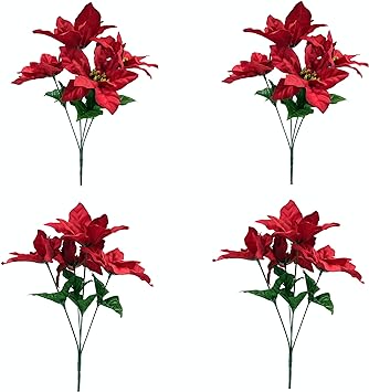 M2cbridge Pack of 4 Christmas Red Poinsettia Bouquet Bushes Floral Picks, Height 13.8" (Red)