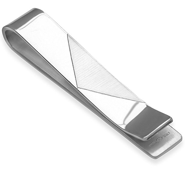 Sterling Silver .925 Elegant Solid Design Money Clip, Triangle Satin Accent, Designed and Made In Italy. By Sterling Manufacturers