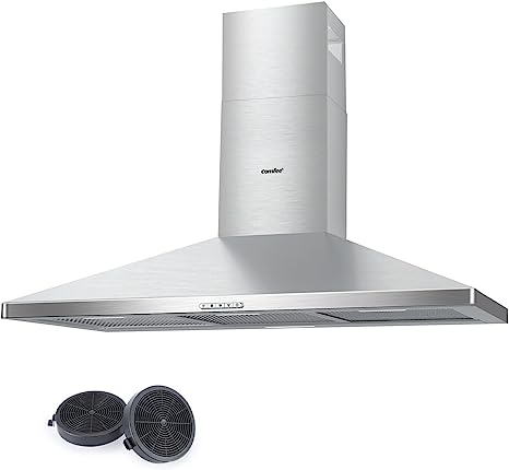 COMFEE' 90 cm Chimney Cooker Hood Class A  Extractor Hood with LED and Recirculating & Ducting System Wall Mounted Range Hood 900 mm Extractor Fan kitchen with Carbon Filters