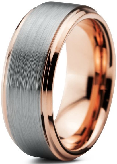 Tungsten Carbide Wedding Band Ring 8mm for Men Women Comfort Fit 18K Rose Gold Beveled Edge Brushed Polished Lifetime Guarantee
