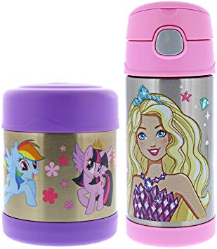 Thermos FUNtainer Vacuum Insulated Stainless Steel 10oz Food Jar & 12oz Water Bottle w/Straw Set - Tasteless and Odorless, BPA Free, Great for Children, Lunchbag, Travel - My Little Pony and Barbie