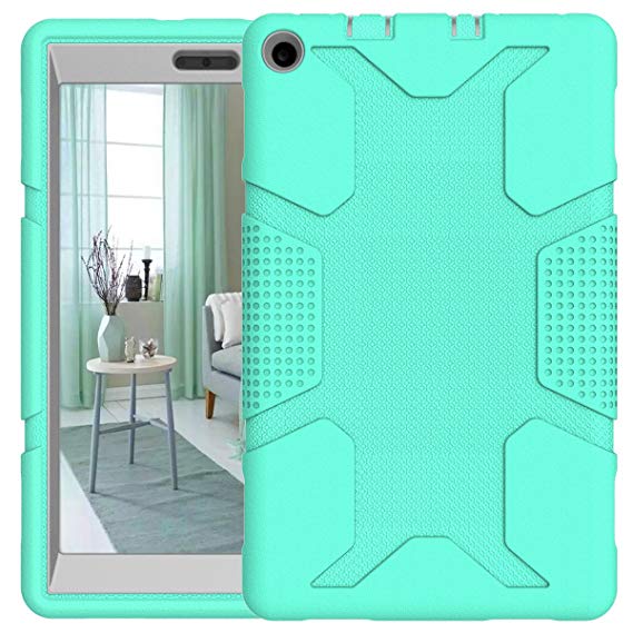 Fire HD 8 Case, Hocase Kids-Proof Heavy Duty Silicone Rubber Bumper Hard Plastic Dual Layer Protective Case for Amazon Fire HD 8 Tablet (7th Generation, 2017 Release Only) - Teal/Grey