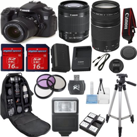 Canon EOS 70D DSLR Camera Body Digideals Special Bundle includes Canon 18-55mm IS STM   Canon 75-300mm III USM Zoom Lens   3pc Filter Kit (UV   CPL   FLD)   Camera Backpack   Professional Full Size Tripod   High Speed Memory Card Reader   Electronic Camera Flash   Digideals Starter Kit   2pcs DigitalSpeed 16GB Memory Cards   10pc Special Top Value Kit