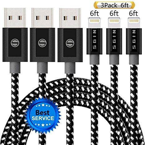 iPhone Cable SGIN,3Pack 6FT Nylon Braided Cord Lightning Cable Certified to USB Charging Charger for iPhone 7,7 Plus,6S,6 Plus,SE,5S,5,iPad,iPod Nano 7 - Black White