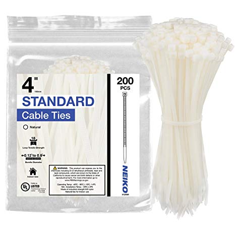 Neiko 51259A Natural White Cable Zip Ties, 200-Piece | 4-Inch Length | 18-lbs Tensile Strength