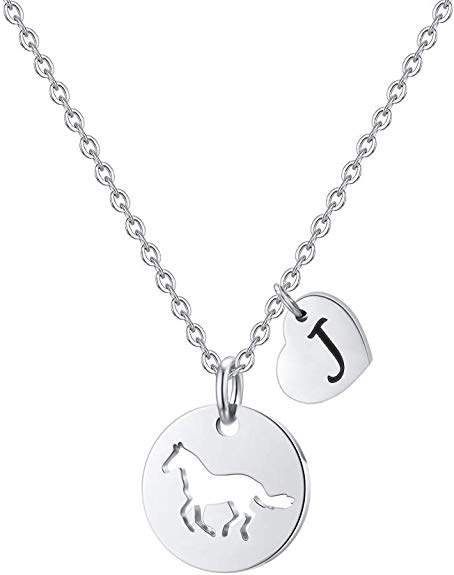 MONOOC Horse Necklace for Girls, Horse Charm Necklace Stainless Steel Heart Initial Necklace Horse Gifts for Girls, Horse Jewelry Girls Horse Necklace 26 Initial Letter Necklace for Girl